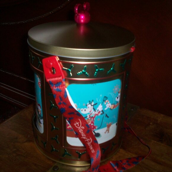 Disney Parks Mickey Friends Christmas Musical Rotating Gold Tin Popcorn Bucket - Picture 3 of 5